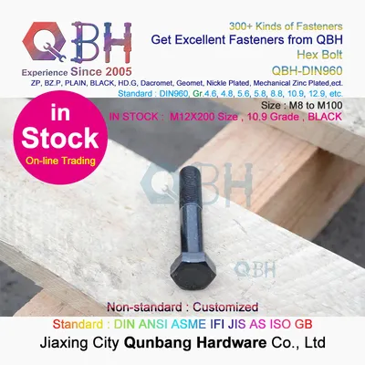 15% off Online Trading Qbh DIN960 M12X200 Black 10.9 Carbon Steel Half Thread Fine Thread Hex Bolts External Threaded Fasteners
