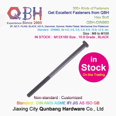 15% off in Stock Online Trading Qbh DIN960 M12X160 Size Black 10.9 Grade Carbon Steel Half Thread Fine Threaded Hex Bolts External Threaded Fasteners