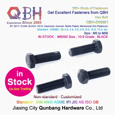 15% off in Stock Online Trading Qbh DIN961 M8X60 Size 10.9 Grade Black Full Fine Thread Carbon Steel Hex Bolts