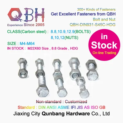 15% off in Stock Online Trading Qbh M22X60 HDG 8.8 HD S45c Carbon Steel Spare Parts Full Half Thread DIN931 Hex Bolts Assemble with DIN934 Hex Nuts