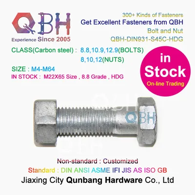 15% off in Stock Online Trading Qbh M22X65 HDG 8.8 HD S45c Carbon Steel Machining Parts Full Half Thread DIN931 Hexagon Hex Bolts Assemble with DIN934 Hex Nuts