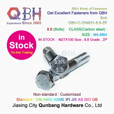 15% off in Stock Qbh DIN931 Class 8.8 M27X100 Zp Carbon Steel Half Thread Hardware Fastener Hex Bolts External Threaded Hardwares Fasteners