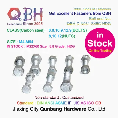 15% off in Stock Qbh M22X60 HDG 8.8 HD S45c Carbon Steel Spare Parts Full Half External Thread DIN931 Hex Bolts + DIN934 Internal Threaded Hex Nuts Fasteners