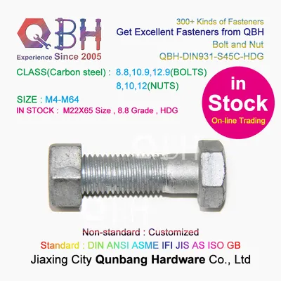 15% off in Stock Qbh M22X65 HDG 8.8 HD S45c Carbon Steel Machining Parts Full Half External Thread DIN931 Hex Bolts + DIN934 Internal Threaded Nuts Fasteners