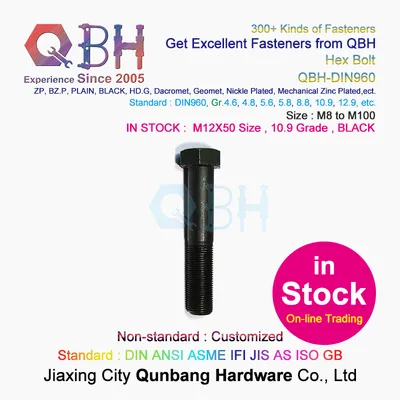 DIN960 Black 10.9 Grade Carbon Steel Half Thread Fine Thread Hex Bolts