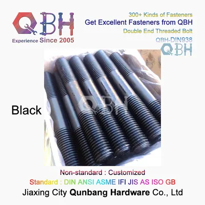 Qbh Carbon Steel Black Dual Two 2 Sides Heads Double End Threaded Thread Rod Stud