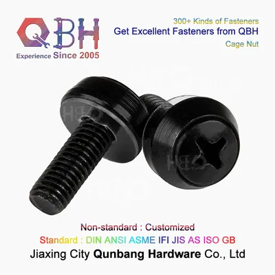 Qbh Carbon Steel Black M5 X 12mm Server Rack and Cabinet Mounting Cage Nuts Partner Round Pan Head Cross Drive Bolt