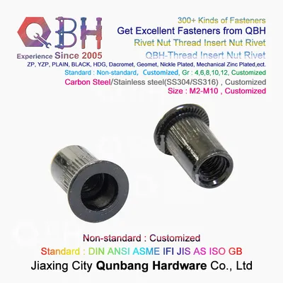 Qbh Carbon Steel Black Zinc Flat Head Knurled Body Rivet Nuts