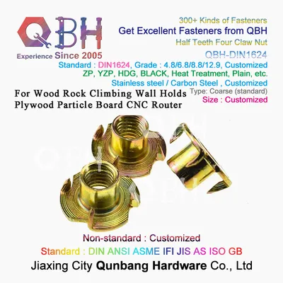 Qbh Custom-Made DIN 1624 T-Nut Carbon Stainless Steel Fixing Wood Furniture/Plywood/Particle Board/CNC Router on Wood Climbing Wall Threaded Insert Unit