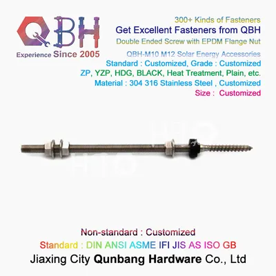 Qbh Customized Carbon Steel/Stainless Steel PV Power Energy Panel Bracket Hanger Roofing Dual Double End Stud Rod Head Screw Bolt Solar Fasteners