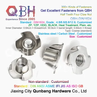 Qbh Customized DIN1624 SS304 SS316 Stainless Steel/Carbon Steel Half 4 Teeth Four Claw T-Nut T Nut