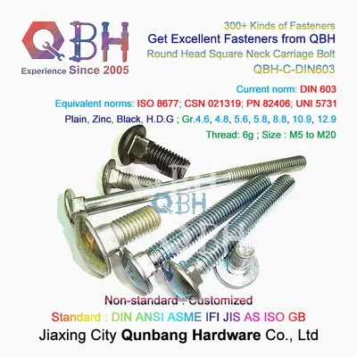 Qbh Customized DIN603 M5-M20 Cl. 4.8/6.8 Zp/Yzp/Bzp/Plain/Black/HDG/Dacromet/Geomet/Nickle Plated Carbon Stainless Steel Brass Copper Carriage Coach Bolts