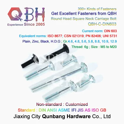 Qbh Customized DIN603 M5-M20 Cl. 4.8/6.8 Zp/Yzp/Bzp/Plain/Black/HDG/Dacromet/Geomet/Nickle Plated Carbon Stainless Steel Brass Copper Carriage Coach Screws