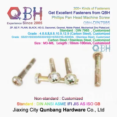Qbh Customized DIN7985 Phillips Pan Head Carbon Steel / Stainless Steel Yzp Zp Black Plain Phosphorization HDG Machine Screw