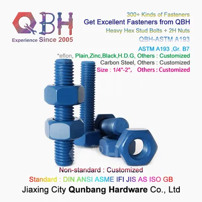 Qbh Customized *Eflon Colored Surface Treatment Carbon Steel ASTM A193 B7 + Two A194 2h Nut Stud Rod Bolt