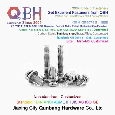 Qbh Customized GB9074.8 - 1988 M2.5 - M6 Stainless Steel SS304 SS316 Phillips Pan Head Screw with Flat Washer and Spring Washer