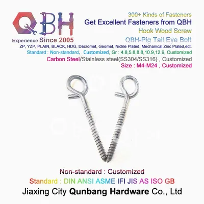 Qbh Customized HDG Pig Tail Eye Wood Screw FTTH Fittings Hook OEM ODM High Quality Eye Lag Bolt
