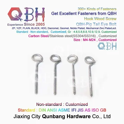Qbh Customized HDG Zp Yzp Black Plain Pig Tail Eye Bolt FTTH Fittings Hook Carbon Steel/Stainless Steel OEM ODM Spare Parts Eye Lag Screw Wood Fastener