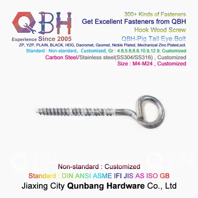 Qbh Customized OEM ODM CS Ss Ms Carbon Steel Stainless Steel Plain Black Yellow Blue Zinc Nickle Plated HDG Hot DIP Galvanizing Dacromet Pig Tail Eye Bolt Screw