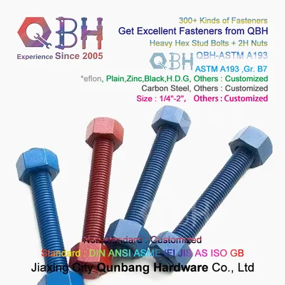 Qbh Customized OEM ODM *Eflon Colored Surface Treatment Carbon Steel ASTM A193 B7 Stud Rod Bolt + A194 2h Double Nut Combo Formwork