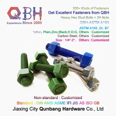 Qbh Customized PTFE 1070 Blue/Green/Red/Black Coated Hex Head Bolt with 2 Heavy Nuts