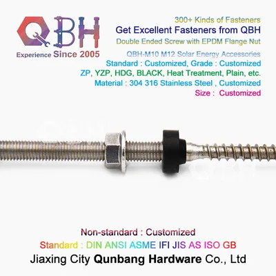Qbh Customized Solar Power Energy PV Photovoltaic Panel Bracket System SS304 SS316 EPDM Flange Nut Dual Thread Stud Double Ended Dowel Screws Hardware