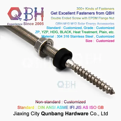 Qbh Customized Stainless Steel Solar Power Energy PV Photovoltaic Panel Bracket System Double Ended Dowel Screws EPDM Flange Nut Roof Roofing Hanger Bolt
