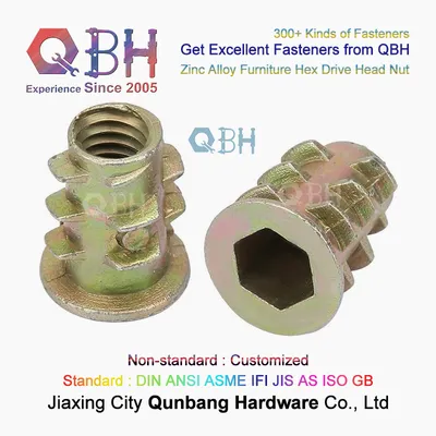 Qbh Customized Standard Zinc Alloy Wood Furniture Fitting Spare Parts Inner Hex Hexagonal Hexagon Head Drive Threaded Insert