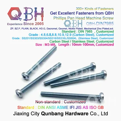 Qbh DIN 7985 Cross Phillips Pan Head Carbon Steel/Stainless Steel DIN7985 Screw Customized Custom-Made Machine Machinery Machining Spare Replace Accessories