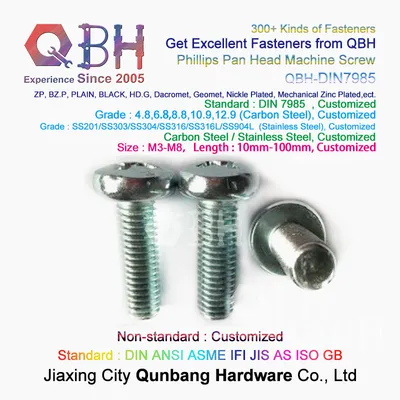 Qbh DIN 7985 Pan Phillips Cross Head Stainless Steel Ss201/Ss303/SS304/SS316/SS316L/Ss904L A4 A2 Customized DIN7985 Machining Machinery Machine Bolt