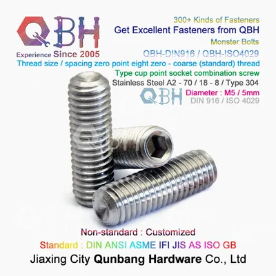 Qbh DIN 916 / ISO 4029 Stainless Steel Inner Hexangular Hexagonal Hexagon Hex Socket Drive Monsterbolts Monster Bolts Flat Cup Point Grub Set Screw