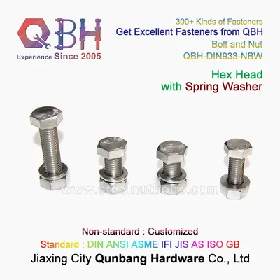 Qbh DIN 933 DIN933 Zp/Yzp/HDG/Black/Heat Treatment/Plain/Zinc/Dacromet/Geomet Carbon Stainless Steel Alloy Brass Copper Hex Bolt Screw with Spring Washer