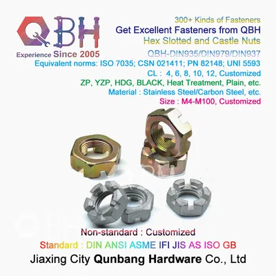 Qbh DIN 935 937 979 Zp/Yzp/Bzp/Plain/Black/HDG/Dacr*Met/Ge*Met/Nickle Plated Carbon Steel Hex Castled DIN979 Spindle Axle Nut