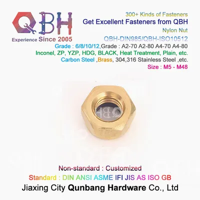 Qbh DIN 985 M5-M48 Brass Copper DIN985 Nylon Prevailing Torque Hex Hexagon Hexagonal Locknuts
