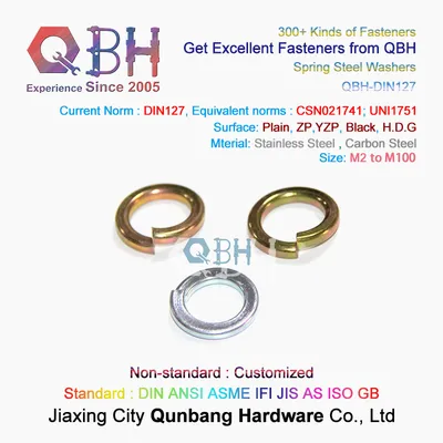 Qbh DIN127A DIN127b M2-M100 Carbon Stainless Steel Alloy Brass Copper Zp/Yzp/HDG/Black/Heat Treatment/Plain/Color Zinc/Dacromet/Geomet Spring Lockwasher