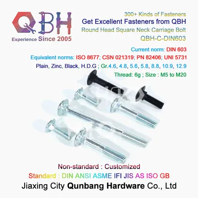 Qbh DIN603 M5-M20 Cl. 4.8/6.8 Plain Black Yellow Blue Zinc Nickle Plated HDG Hot DIP Galvanizing Dacromet Geomet DIN 603 Carriage Coach Bolts