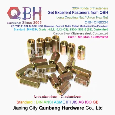 Qbh DIN6334 Coupling Nut Long Nuts Connecting Nut Ellongated Hexagon Coupling Nuts Height M6-M36 Zinc/D. H. G Yzp Black