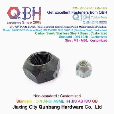 Qbh DIN6925 M3-M36 DIN 6925 Plain Black Yellow Blue Zinc Nickle Plated Hot DIP Galvanizing Dacr*Met Ge*Met Chrome Plating Wheel Hub Lock Hex Conical Nuts