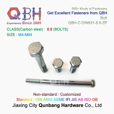 Qbh DIN931 Class 8.8 10.9 12.9 Fastener Carbon Steel Half Thread Hardware Fastener Hex Bolts