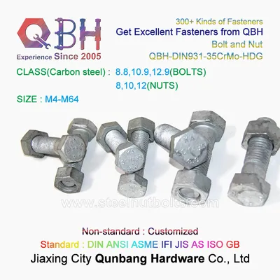 Qbh DIN931 Zp/Yzp/HDG/Black/Heat Treatment/Plated/Zinc/Dacromet/Geomet Carbon Stainless Steel Alloy Brass Copper Hex Bolt Nut Machinery Machine Screw