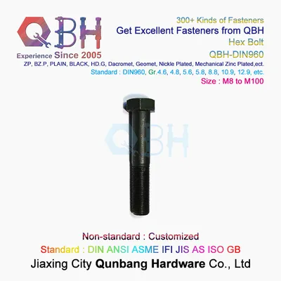 Qbh DIN960 Half Thread Fastener Heat Treatment Hardware Fastener Black Hex Bolts