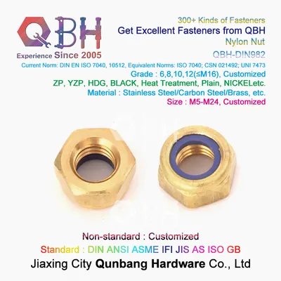 Qbh DIN982 DIN 982 Brass Copper Non-Metallic Insert Prevailing Torque Type Hex Hexagon Hexagonal Thick Nylon Lock Nuts