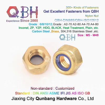 Qbh DIN985 Nylon Insert Self Locked Brass Copper M5-M48 Customized DIN 985 Hex Nylock Nut