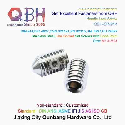 Qbh M1.4-M24 DIN 914 DIN 916 Taper Head / Cup Flat Point Standard Customized Zinc Plated Stainless Steel Fastener Allen Socket Grub Set Screw